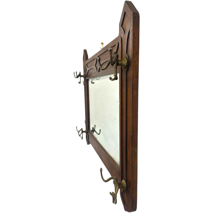 Antique Dark Oak Gothic Revival Hall Mirror with Brass Hooks