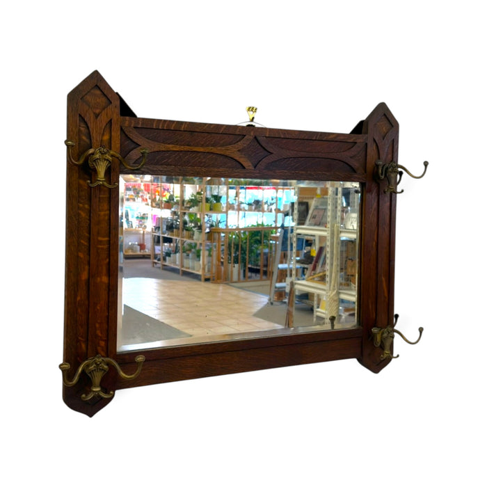 Antique Dark Oak Gothic Revival Hall Mirror with Brass Hooks