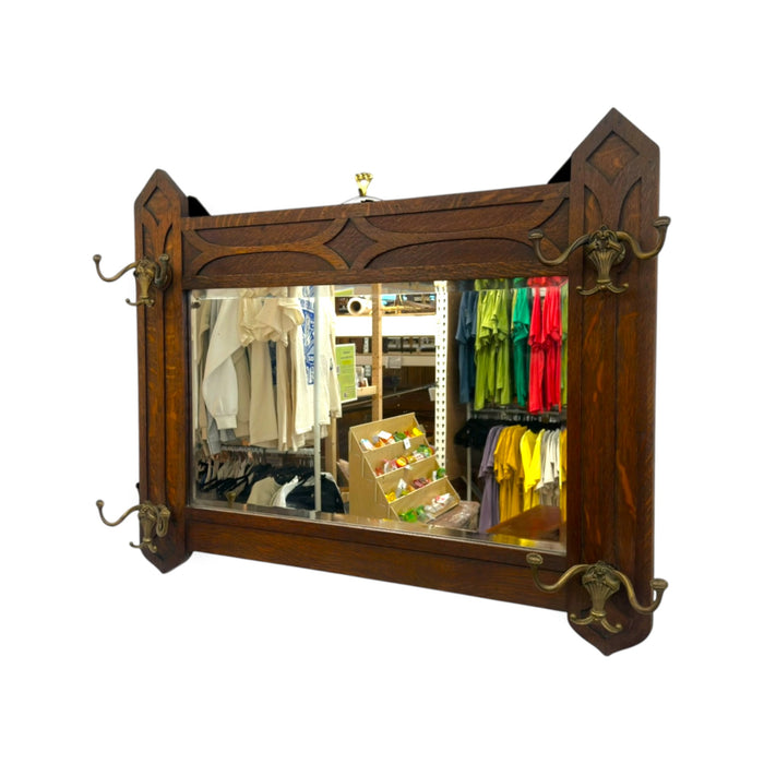 Antique Dark Oak Gothic Revival Hall Mirror with Brass Hooks