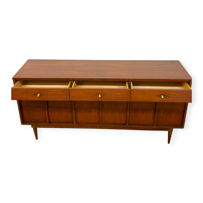 Vintage Mid Century Modern Walnut Triple Credenza Dresser.
