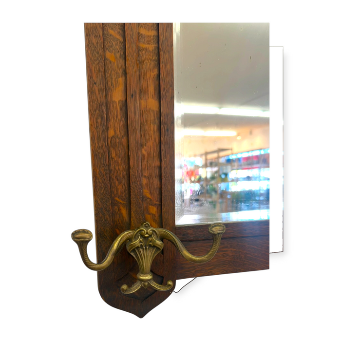 Antique Dark Oak Gothic Revival Hall Mirror with Brass Hooks