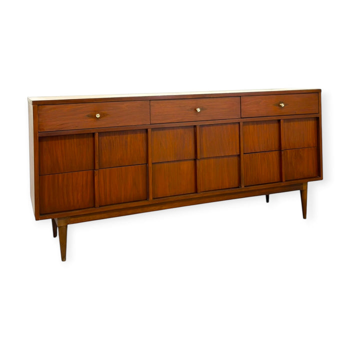 Vintage Mid Century Modern Walnut Triple Credenza Dresser.