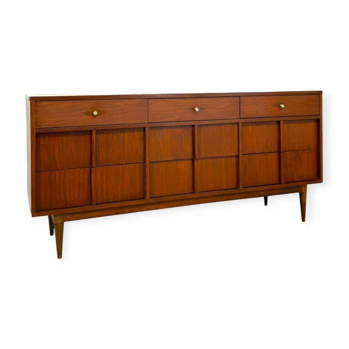 Vintage Mid Century Modern Walnut Triple Credenza Dresser.