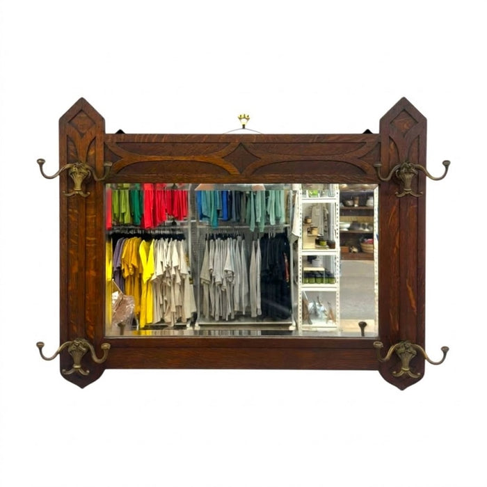 Antique Dark Oak Gothic Revival Hall Mirror with Brass Hooks