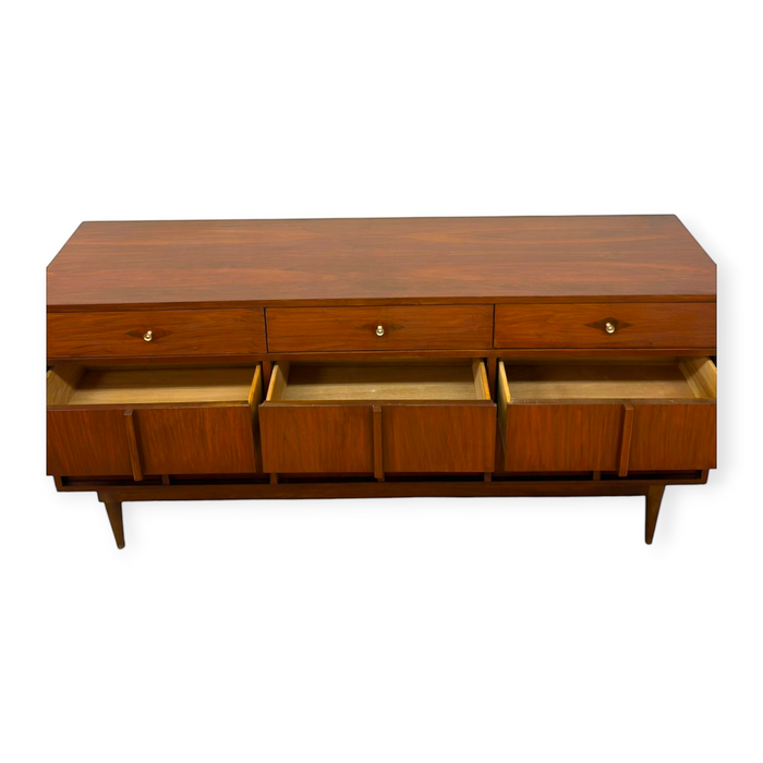 Vintage Mid Century Modern Walnut Triple Credenza Dresser.