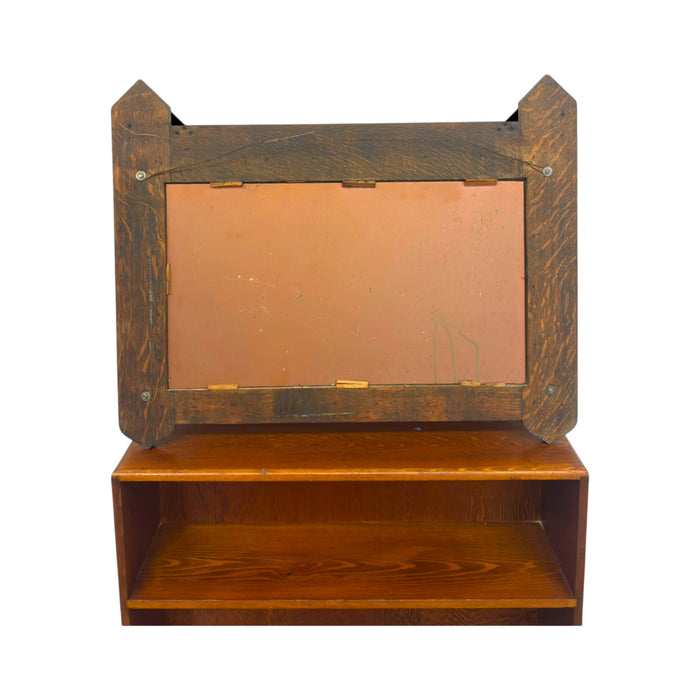 Antique Dark Oak Gothic Revival Hall Mirror with Brass Hooks