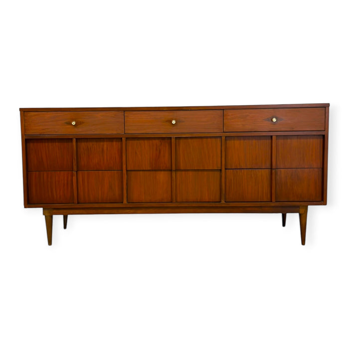 Vintage Mid Century Modern Walnut Triple Credenza Dresser.