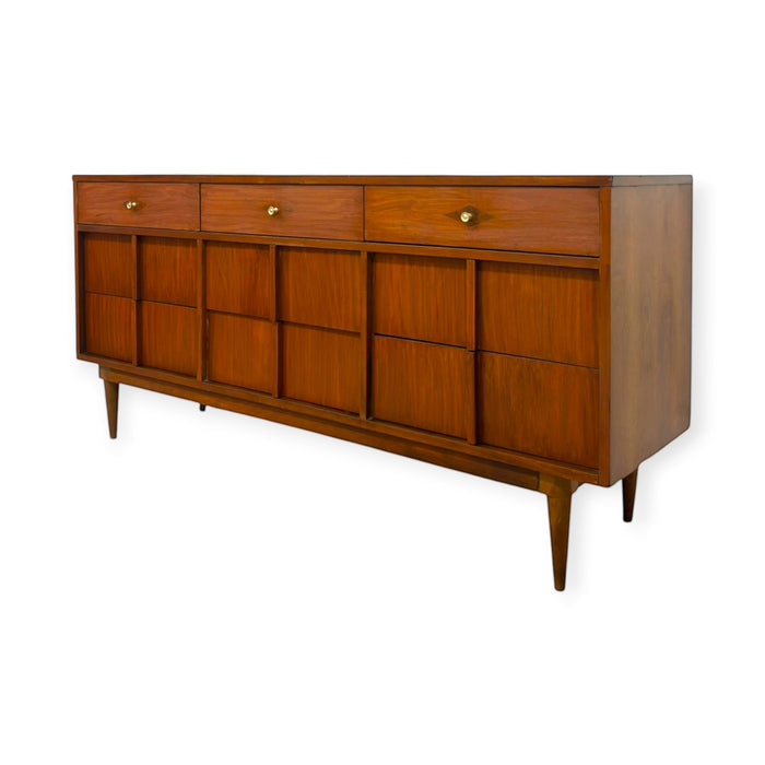Vintage Mid Century Modern Walnut Triple Credenza Dresser.