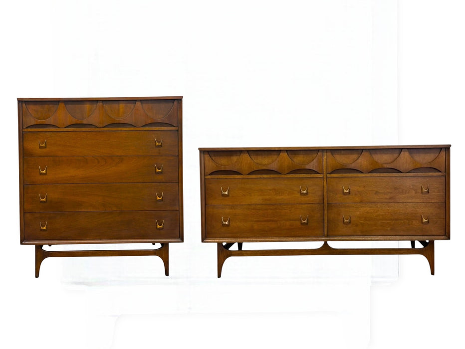 Vintage Mid Century Modern Broyhill Brasilia Walnut Bedroom Set – 6-Drawer Dresser & Highboy Chest