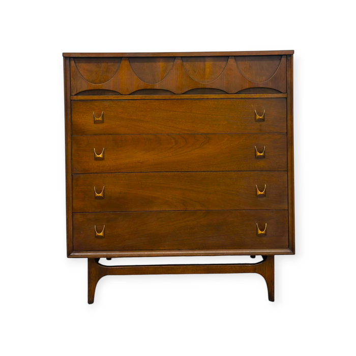 Vintage Mid Century Modern Broyhill Brasilia Walnut Bedroom Set – 6-Drawer Dresser & Highboy Chest