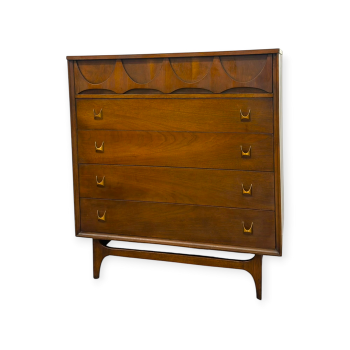 Vintage Mid Century Modern Broyhill Brasilia Walnut Bedroom Set – 6-Drawer Dresser & Highboy Chest
