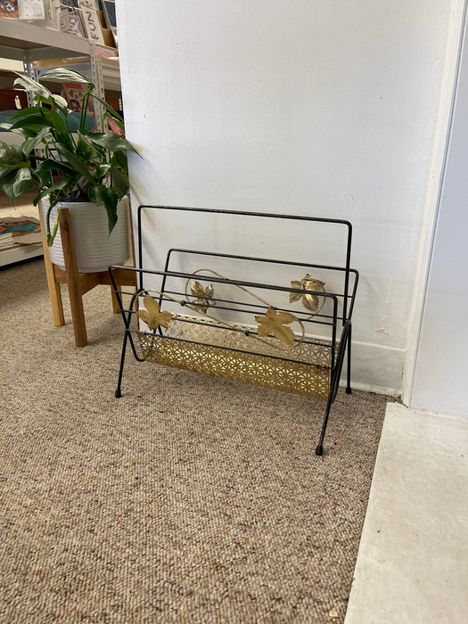 Mid-Century Modern Black Wrought Iron and Brass Toned Magazine Rack with Leaf Motif