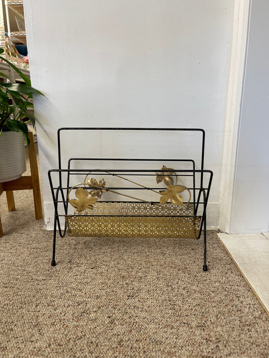 Mid-Century Modern Black Wrought Iron and Brass Toned Magazine Rack with Leaf Motif