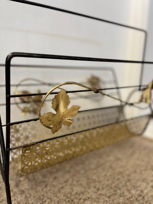 Mid-Century Modern Black Wrought Iron and Brass Toned Magazine Rack with Leaf Motif