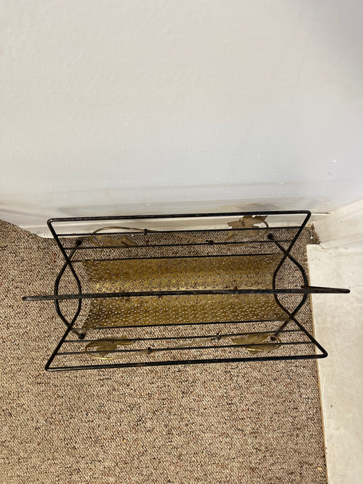Mid-Century Modern Black Wrought Iron and Brass Toned Magazine Rack with Leaf Motif