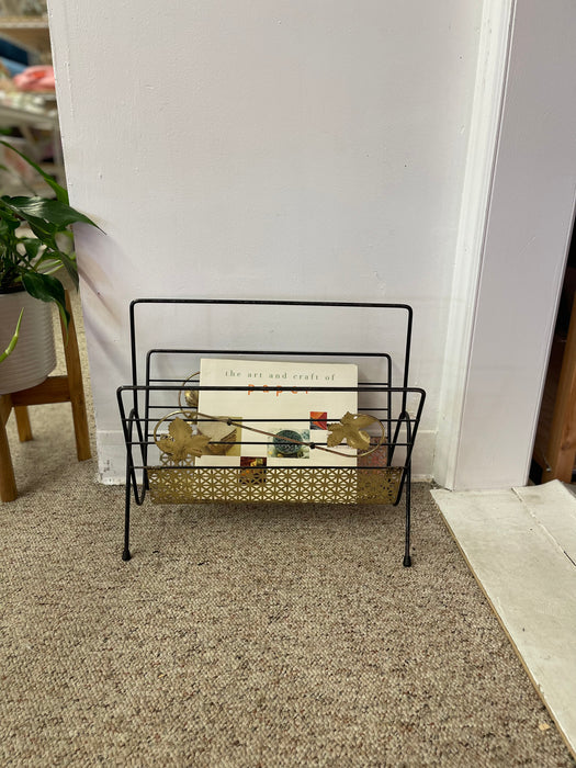 Mid-Century Modern Black Wrought Iron and Brass Toned Magazine Rack with Leaf Motif