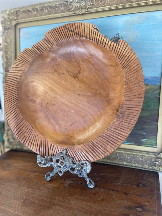 Mid-Century Hand-Carved Solid Wood Decorative Bowl with Chiseled Rim Detailing