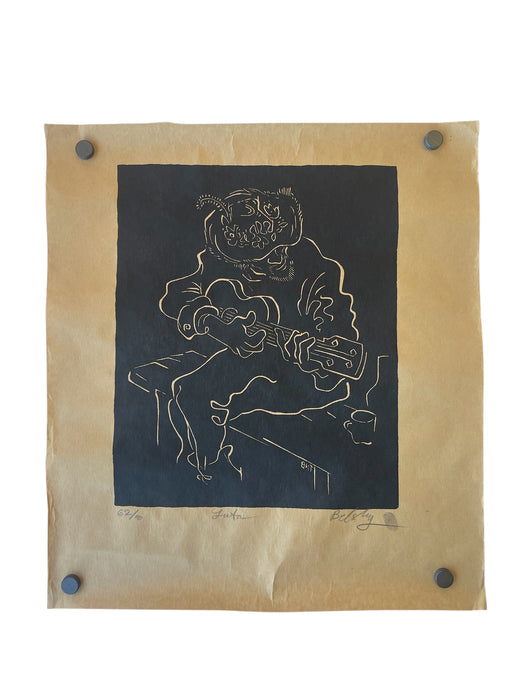 "Luta" Limited Edition Linocut Print by Belsky, Numbered 62/100, Hand Signed with Fingerprint, Modern Figurative Guitarist Portraitur