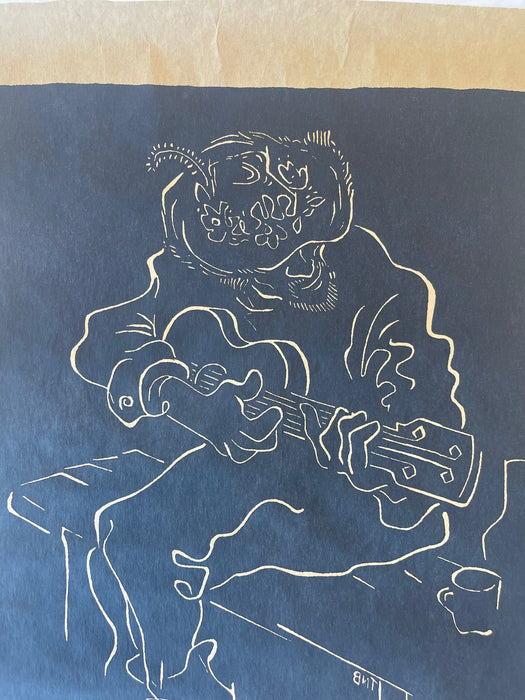"Luta" Limited Edition Linocut Print by Belsky, Numbered 62/100, Hand Signed with Fingerprint, Modern Figurative Guitarist Portraitur