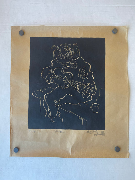 "Luta" Limited Edition Linocut Print by Belsky, Numbered 62/100, Hand Signed with Fingerprint, Modern Figurative Guitarist Portraitur