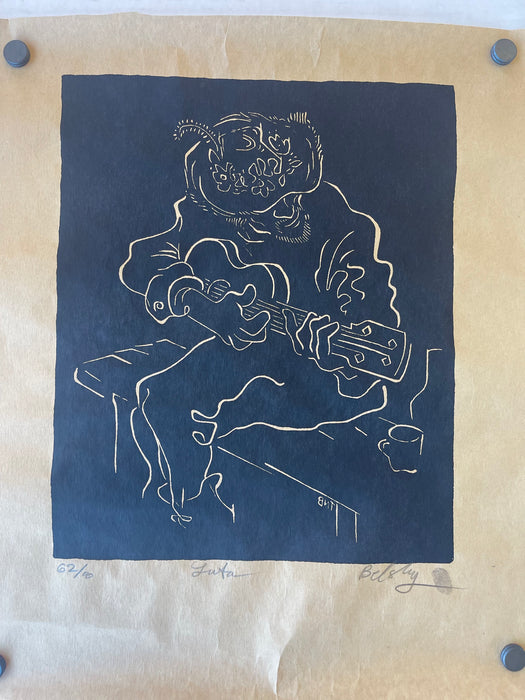 "Luta" Limited Edition Linocut Print by Belsky, Numbered 62/100, Hand Signed with Fingerprint, Modern Figurative Guitarist Portraitur