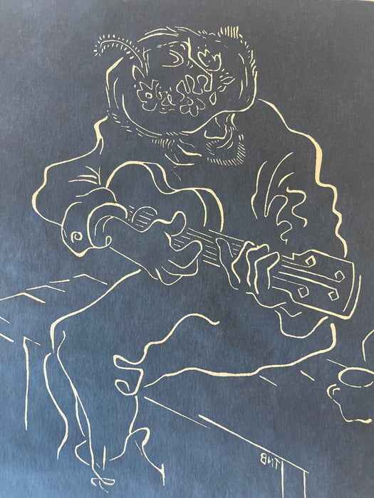 "Luta" Limited Edition Linocut Print by Belsky, Numbered 62/100, Hand Signed with Fingerprint, Modern Figurative Guitarist Portraitur