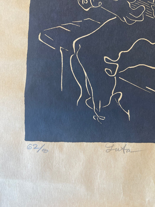 "Luta" Limited Edition Linocut Print by Belsky, Numbered 62/100, Hand Signed with Fingerprint, Modern Figurative Guitarist Portraitur