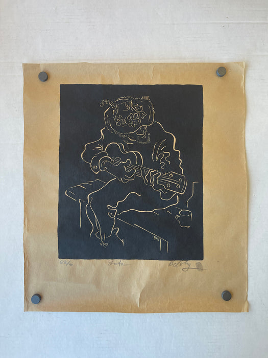 "Luta" Limited Edition Linocut Print by Belsky, Numbered 62/100, Hand Signed with Fingerprint, Modern Figurative Guitarist Portraitur