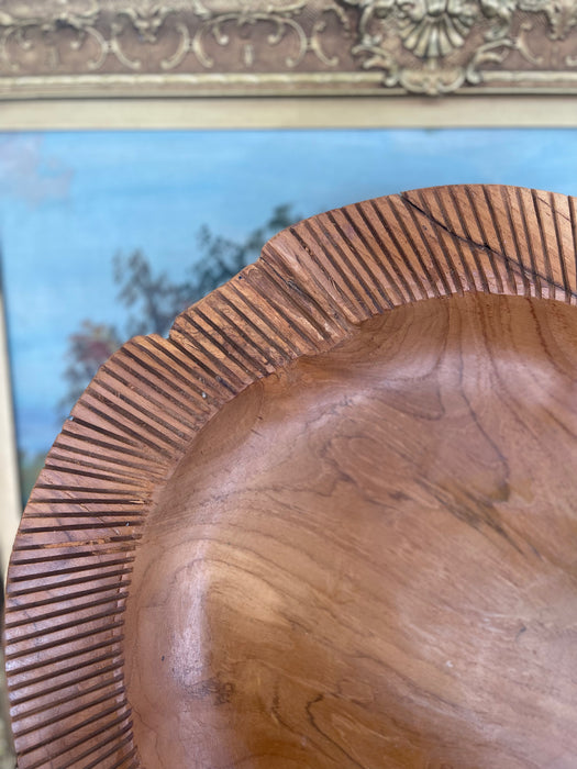 Mid-Century Hand-Carved Solid Wood Decorative Bowl with Chiseled Rim Detailing