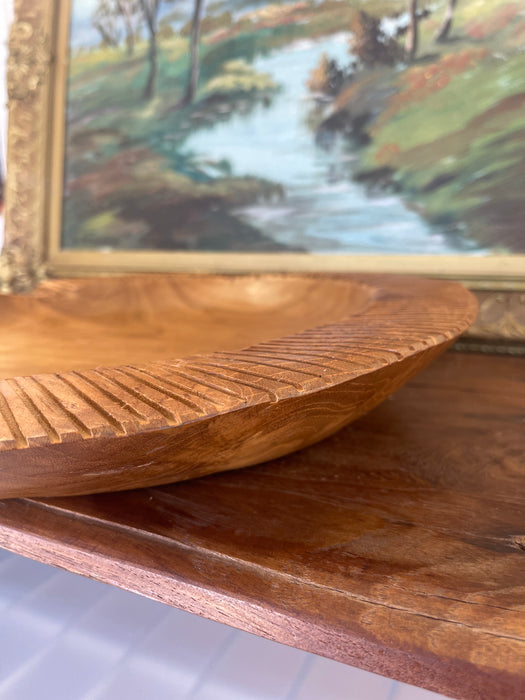 Mid-Century Hand-Carved Solid Wood Decorative Bowl with Chiseled Rim Detailing