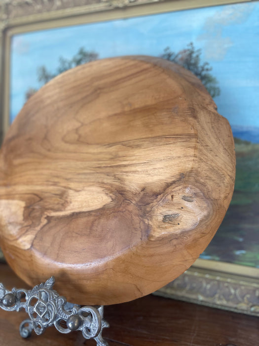 Mid-Century Hand-Carved Solid Wood Decorative Bowl with Chiseled Rim Detailing