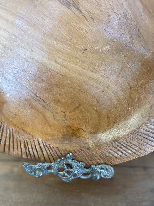 Mid-Century Hand-Carved Solid Wood Decorative Bowl with Chiseled Rim Detailing