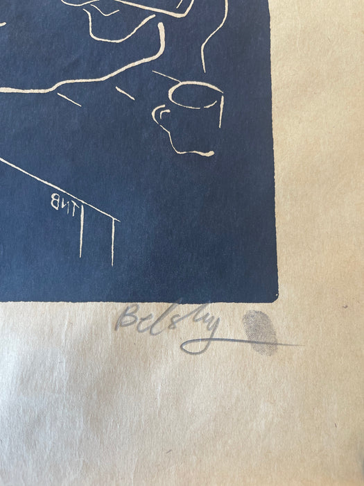 "Luta" Limited Edition Linocut Print by Belsky, Numbered 62/100, Hand Signed with Fingerprint, Modern Figurative Guitarist Portraitur
