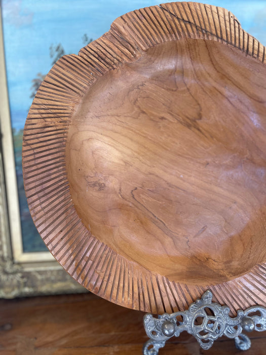 Mid-Century Hand-Carved Solid Wood Decorative Bowl with Chiseled Rim Detailing