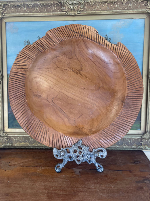Mid-Century Hand-Carved Solid Wood Decorative Bowl with Chiseled Rim Detailing