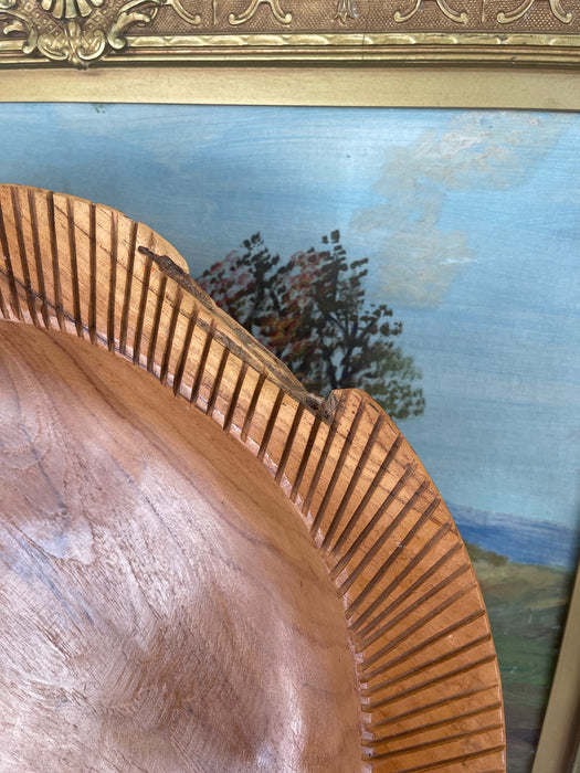 Mid-Century Hand-Carved Solid Wood Decorative Bowl with Chiseled Rim Detailing