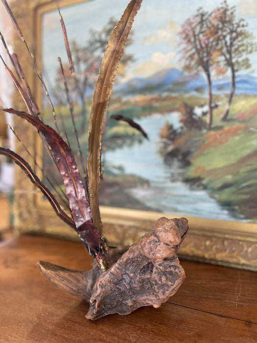 Mid-Century Curtis Jere Style Brutalist Cattail Sculpture in Welded Copper and Brass Toned metals on Driftwood Base.
