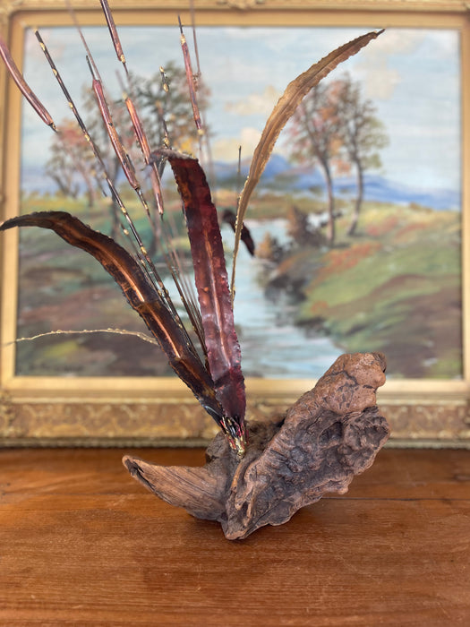 Mid-Century Curtis Jere Style Brutalist Cattail Sculpture in Welded Copper and Brass Toned metals on Driftwood Base.