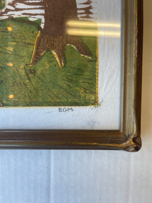 Signed Limited Edition “ Ella Hills” color woodblock print by EGM, 4/10, 1980s Framed Landscape Art.