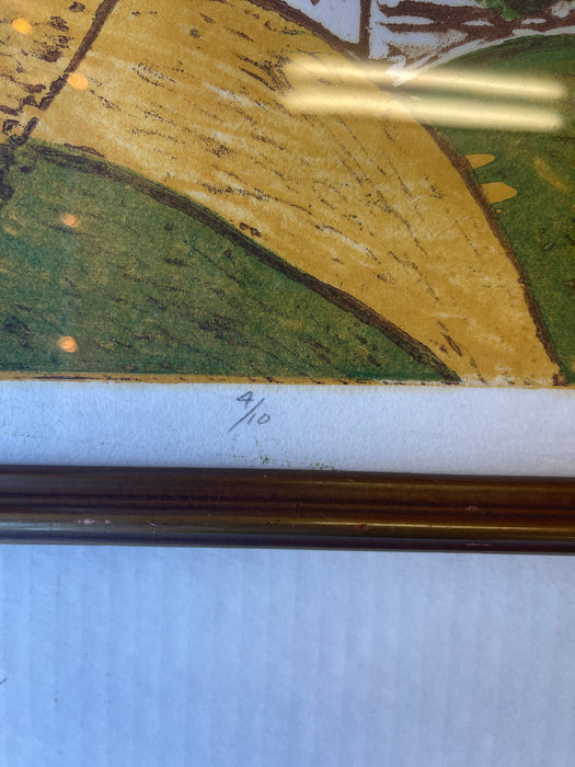 Signed Limited Edition “ Ella Hills” color woodblock print by EGM, 4/10, 1980s Framed Landscape Art.