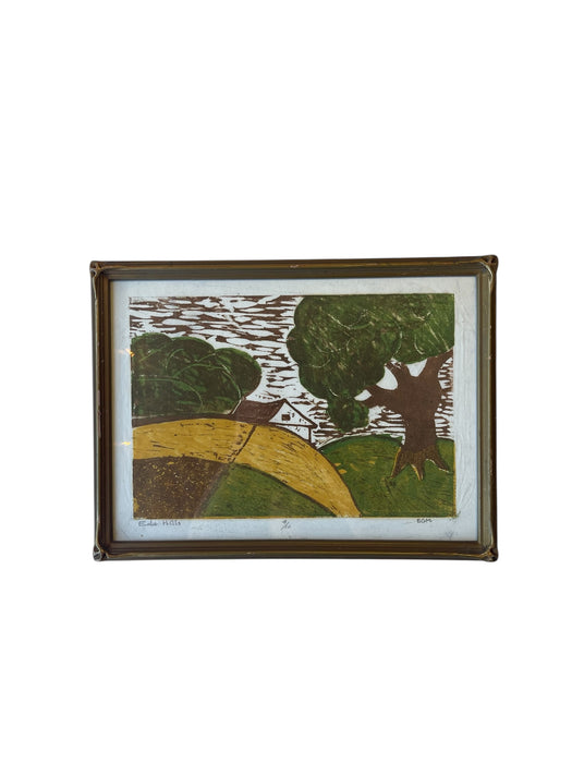 Signed Limited Edition “ Ella Hills” color woodblock print by EGM, 4/10, 1980s Framed Landscape Art.