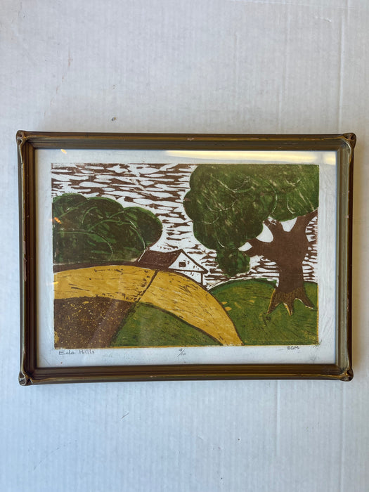 Signed Limited Edition “ Ella Hills” color woodblock print by EGM, 4/10, 1980s Framed Landscape Art.