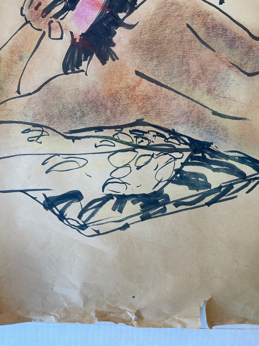 Vintage Mid-20th Century Life Drawing of Reclining Nude Woman and Artist in Studio, Mixed Media on Paper