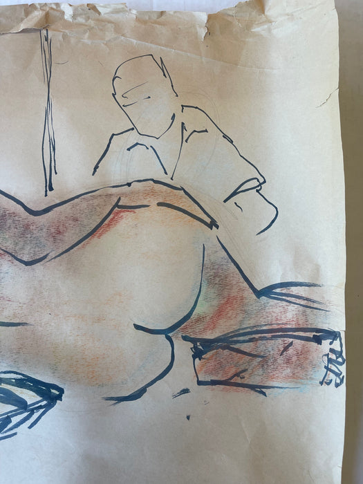 Vintage Mid-20th Century Life Drawing of Reclining Nude Woman and Artist in Studio, Mixed Media on Paper