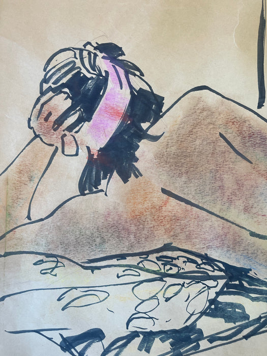 Vintage Mid-20th Century Life Drawing of Reclining Nude Woman and Artist in Studio, Mixed Media on Paper