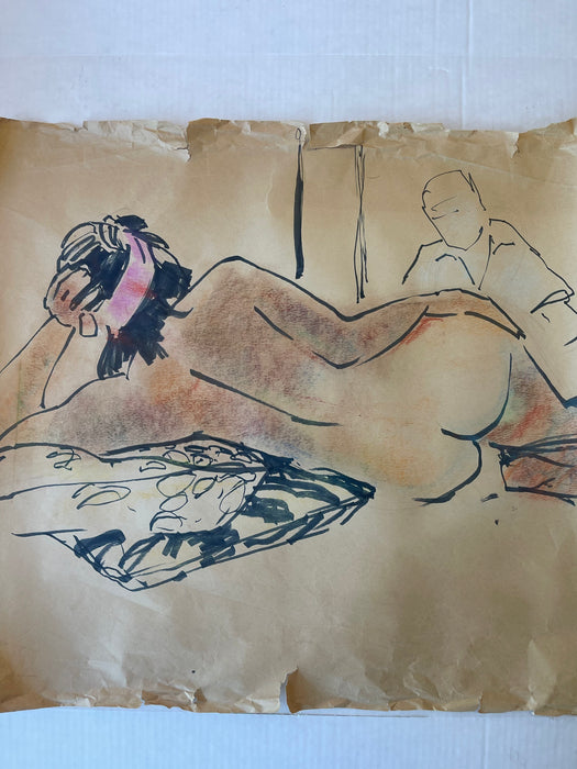 Vintage Mid-20th Century Life Drawing of Reclining Nude Woman and Artist in Studio, Mixed Media on Paper