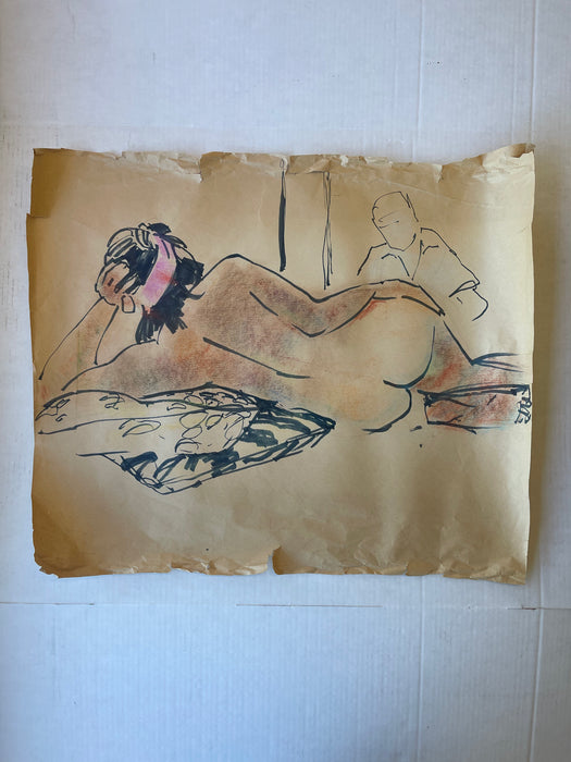 Vintage Mid-20th Century Life Drawing of Reclining Nude Woman and Artist in Studio, Mixed Media on Paper