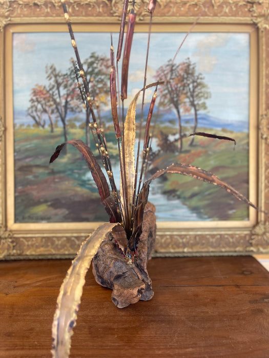 Mid-Century Curtis Jere Style Brutalist Cattail Sculpture in Welded Copper and Brass Toned metals on Driftwood Base.