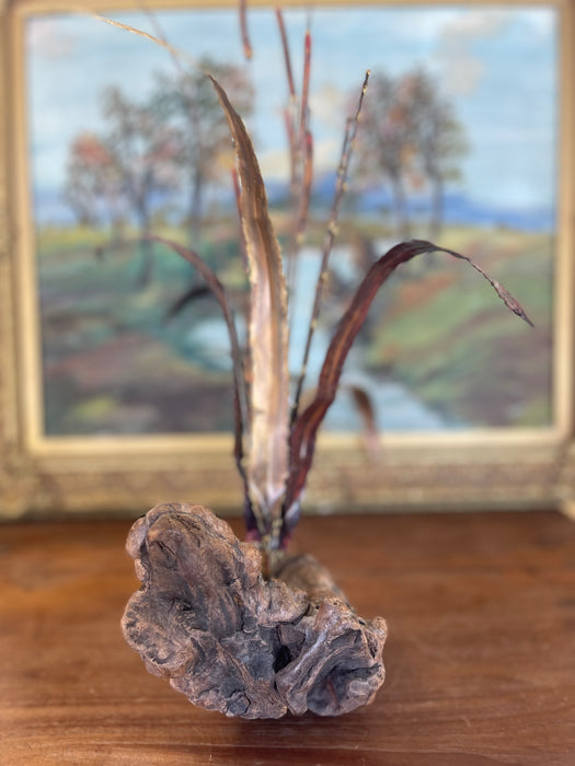 Mid-Century Curtis Jere Style Brutalist Cattail Sculpture in Welded Copper and Brass Toned metals on Driftwood Base.