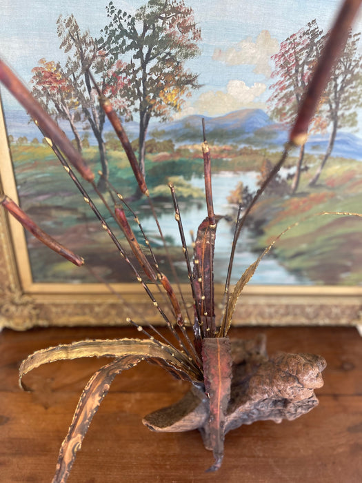 Mid-Century Curtis Jere Style Brutalist Cattail Sculpture in Welded Copper and Brass Toned metals on Driftwood Base.